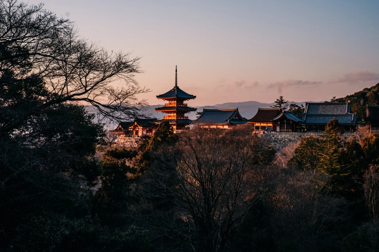 The Kiyomizu-dera pagoda and temple halls glowing at dusk above the trees in Kyoto