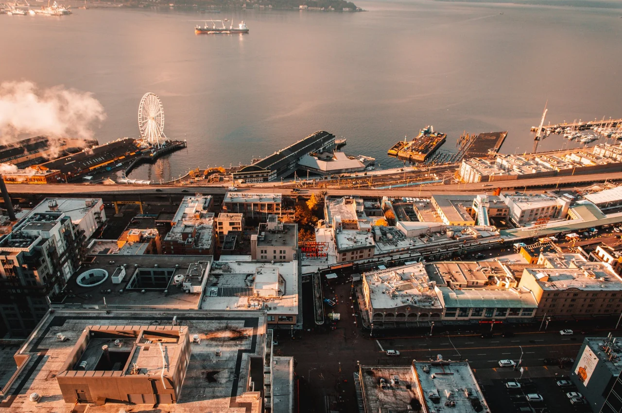 Pike Place Market and the Great Wheel from above